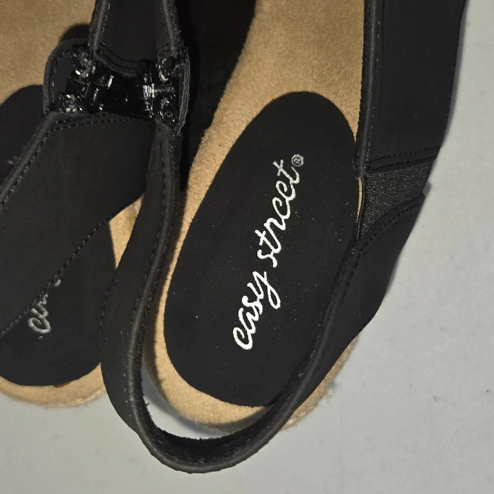 Easy Street Womens 9W Black Ruched Wedge Sandals Espadrille Slingback 31-8941